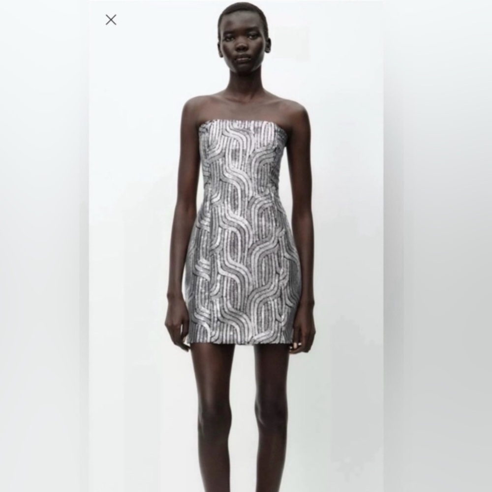 Zara Strapless Metallic swirl design mini Dress NWT